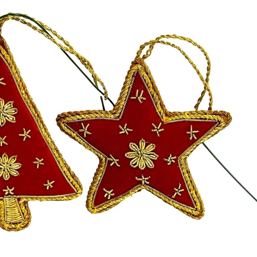 Vintage red cloth & gold cord ribbon trim Christmas tree ornaments handmade - Picture 4 of 7